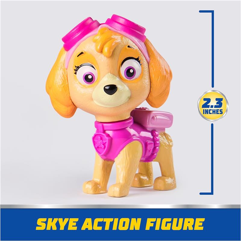 Collectible Paw Patrol Skye action figure, 2.3 inches tall, wearing pink goggles and vest, with a playful expression.