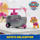 Paw Patrol toy car featuring Skye’s helicopter in gray and pink, with a collectible Skye action figure.