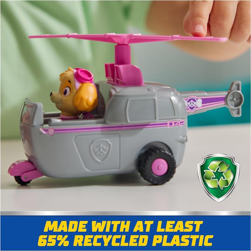Paw Patrol toy car featuring Skye, made with at least 65% recycled plastic, highlighting its eco-friendly design.