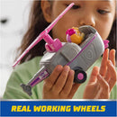 Paw Patrol toy car with collectible Skye figure, featuring working wheels and a pink propeller, held by a child.