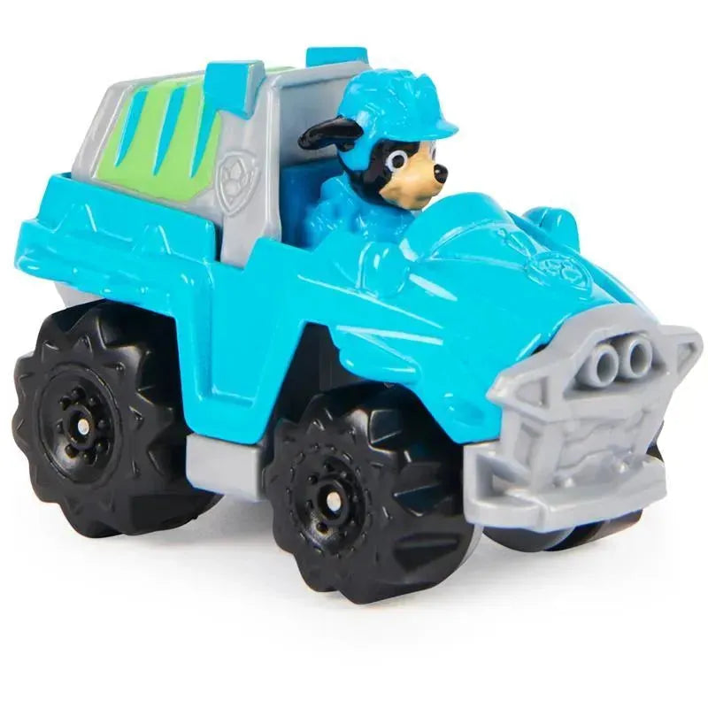 Paw Patrol True Metal Dino Rescue vehicle in blue with black wheels, featuring a dog character in a blue hat.