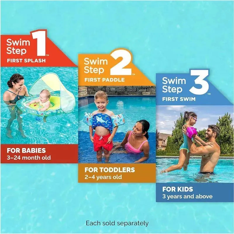 Swimways Sun Canopy Baby Boat and swim steps for kids; features activities for babies, toddlers, and older kids in a pool setting.