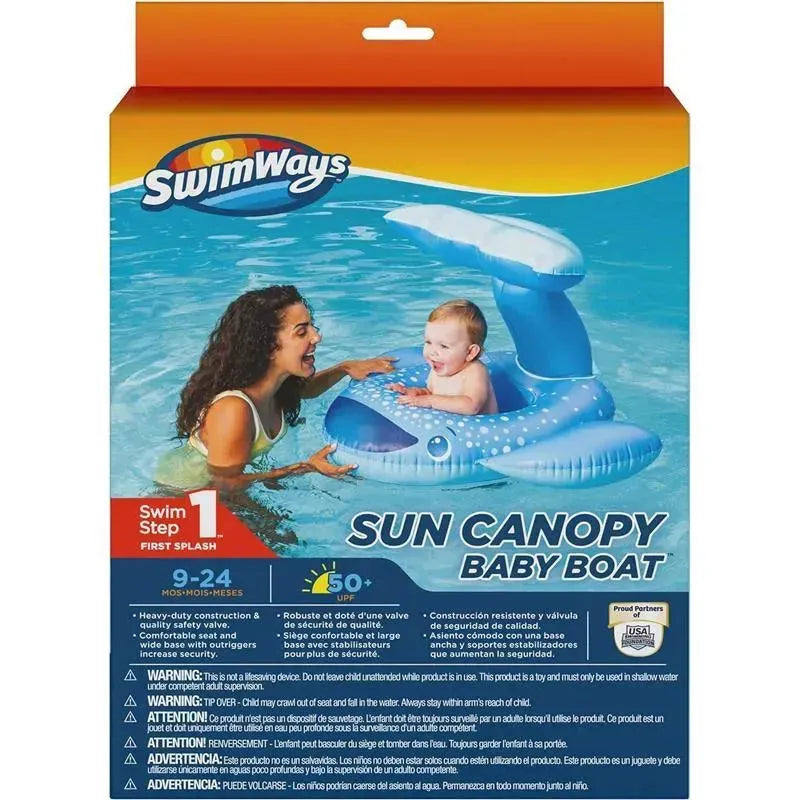 Swimways Sun Canopy Baby Boat for kids aged 9-24 months, featuring a whale design, with a child and caregiver in a pool.