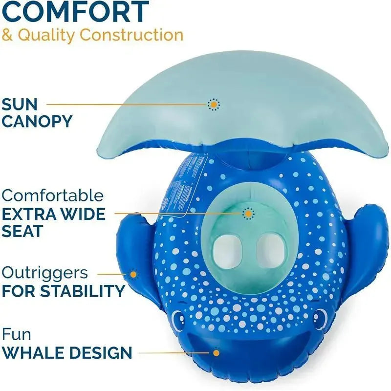 Blue inflatable baby boat with sun canopy, extra wide seat, and whale design, suitable for kids aged 9-24 months.