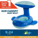 Inflatable Swimways Sun Canopy Baby Boat designed for kids 9-24 months, featuring a whale shape and sun shade.