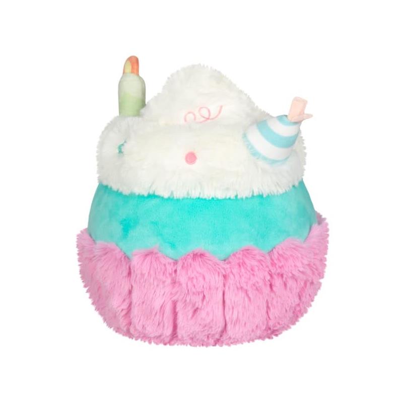 Soft plush cupcake toy in pastel colors, featuring cream topping, a candle, and a striped party hat.