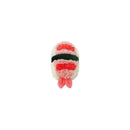 Mini comfort food plush shrimp sushi, featuring pink shrimp details and a black seaweed band. Soft and cuddly design.