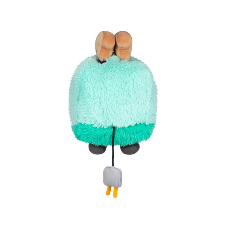 Miniature plush toaster designed with fluffy turquoise and green fabric, featuring small toast pieces and a power cord.