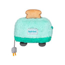 Mini plush toaster toy with a fuzzy mint green exterior, a brown toast piece on top, and a power cord with a plug.