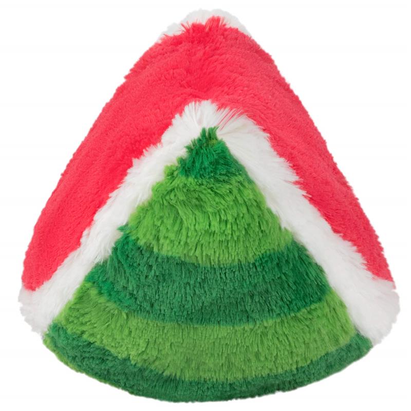 Mini plush watermelon toy featuring soft red, white, and green textures, designed for comfort and cuddling.