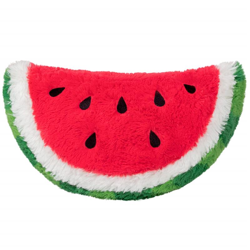 Mini plush watermelon slice, featuring vibrant red fabric, black seeds, and green rind details. Soft and cuddly design.