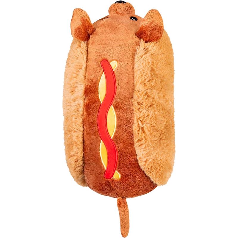 Mini Squishable Dachshund Hot Dog plush toy, featuring a brown body, floppy ears, and a red mustard design on the side.