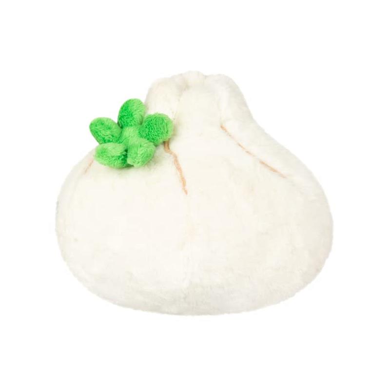 Plush soup dumpling with a green leafy topping, soft white exterior, and subtle stitching details.