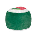 Stuffed plush sushi roll with green and white soft fabric, featuring a red top and green accents, designed for cuddling.