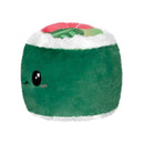 Plush sushi roll toy with a green body, pink top, and black eyes, designed for cuddling and play.