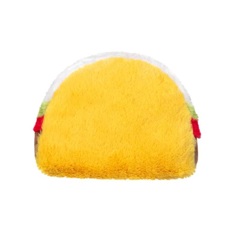 Soft plush taco toy with a yellow shell, green and red accents, designed for snuggling and comfort.