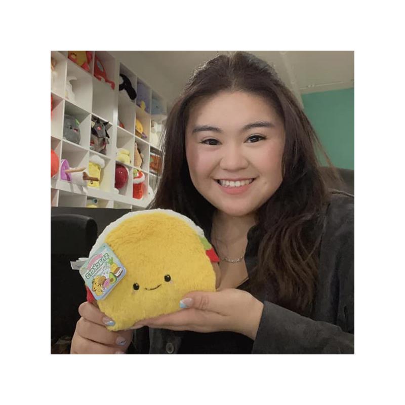 Plush taco toy, Snugglemi Snackers, being held by a smiling person in a cozy setting with various plush toys in the background.