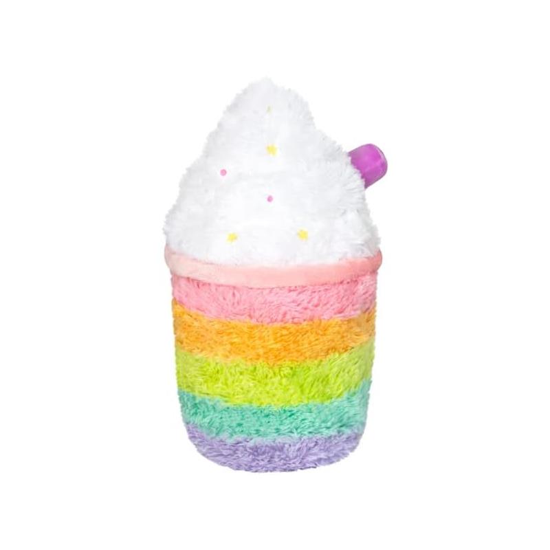 Mini unicorn latte plush toy, featuring a rainbow-striped cup and a fluffy white topping with sprinkles.