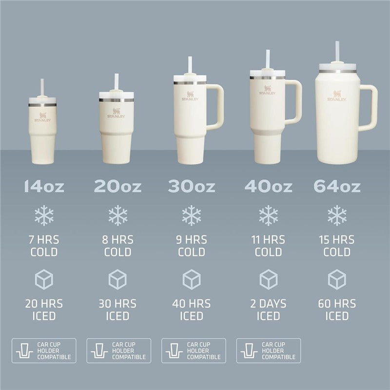 Stanley H2.0 FlowState™ Tumblers in various sizes; details on cold and iced retention times stated below each.