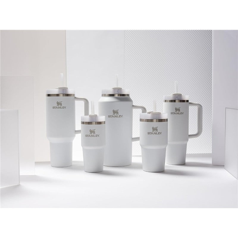 Stanley The Quencher H2.0 FlowState™ Tumblers in various sizes, featuring a white exterior and silver accents.