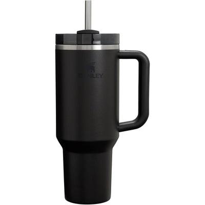 Stanley The Quencher H2.0 FlowState™ Tumbler 40 oz in black, featuring a straw, ergonomic handle, and stainless steel lid.