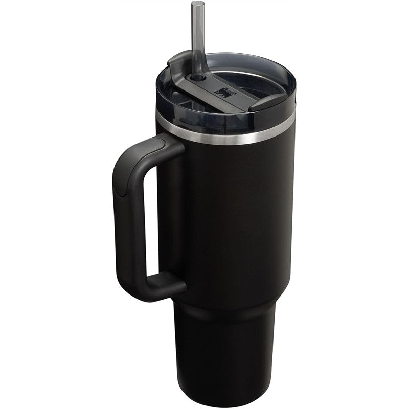 Stanley The Quencher H2.0 FlowState™ Tumbler in black, featuring a wide handle, a clear lid with a straw, and a 40 oz capacity.