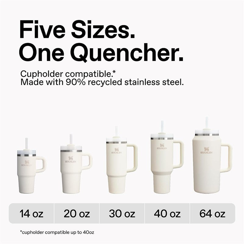 Five sizes of Stanley The Quencher H2.0 FlowState™ Tumblers displayed, showcasing 14 oz to 64 oz versions in white with logos.