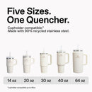 Five sizes of Stanley The Quencher H2.0 FlowState™ Tumblers displayed, showcasing 14 oz to 64 oz versions in white with logos.
