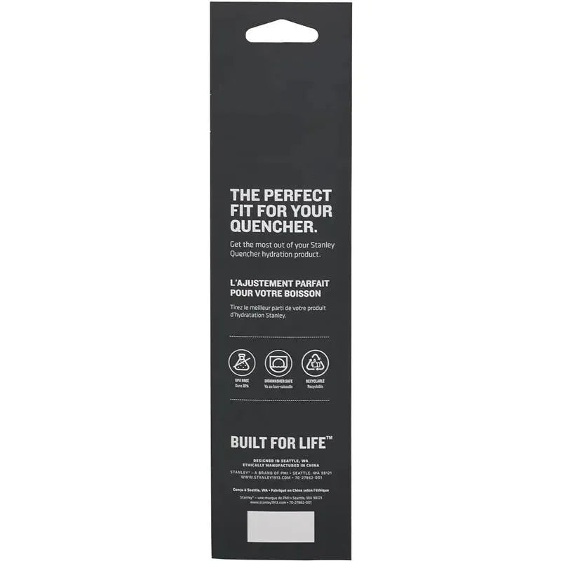 Straw packaging for Stanley Quencher, featuring text about proper fit, hydration, and recycling details.