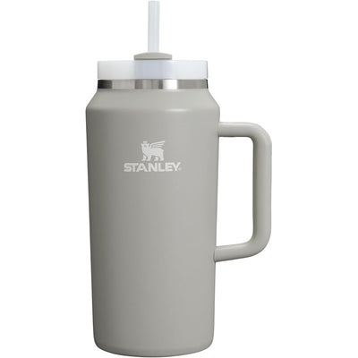 64 oz Stanley The Quencher H2.0 FlowState Tumbler in Ash color, featuring a handle, straw lid, and embossed logo.