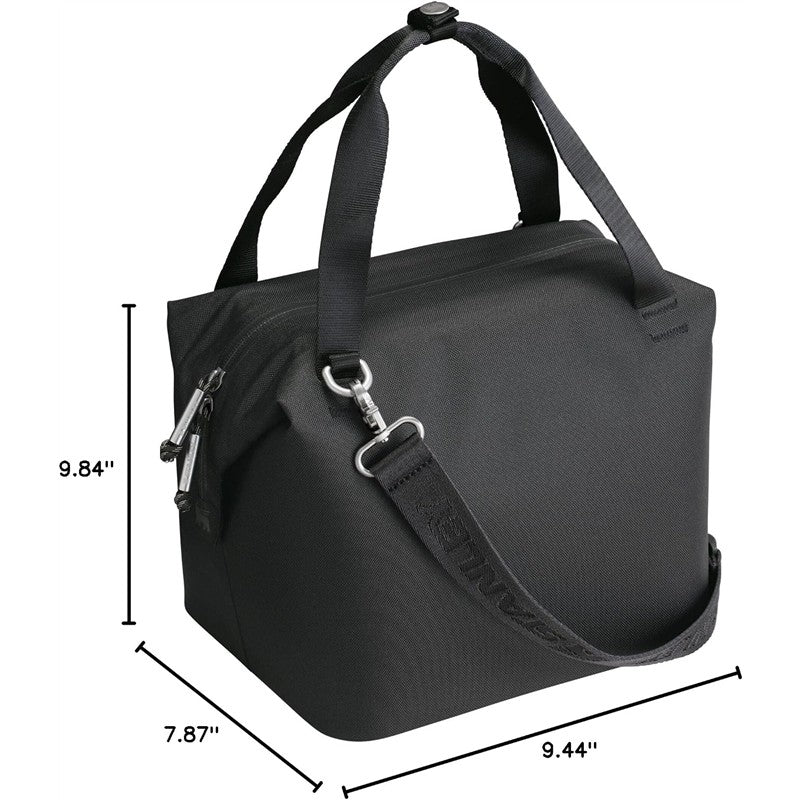 Stanley The All-Day Julienne Mini Cooler 7.4 Qt in black, featuring dual handles, shoulder strap, and dimensions displayed.