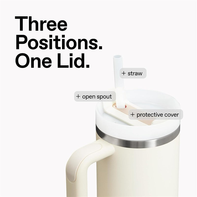 Stanley The Quencher H2.0 FlowState™ Tumbler 40 oz in Violet Blossom with a lid featuring three positions: straw, open spout, and protective cover.