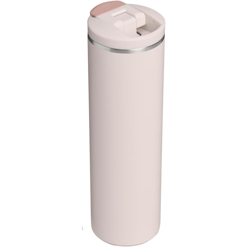 Stanley The Transit Fliptop Mug in Rose Quartz, 20 oz, featuring a sleek design and flip-open lid.