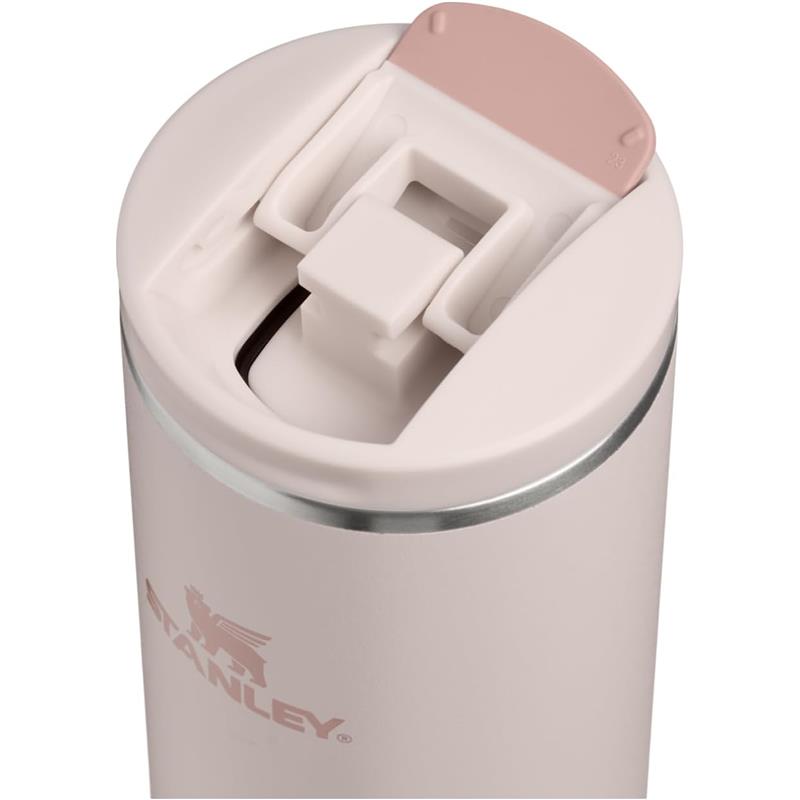20 oz Stanley Transit Fliptop Mug in Rose Quartz, featuring a pink fliptop lid and silver accent.