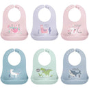 Six silicone bibs for baby girls with colorful designs featuring sloths, llamas, unicorns, dinosaurs, and more.