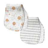 Muslin burp cloths featuring a playful milk and cookies design and a striped pattern, designed for baby care.