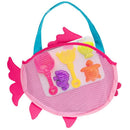Pink fish-shaped tote bag containing colorful beach toys like shovels and molds, perfect for sand play.