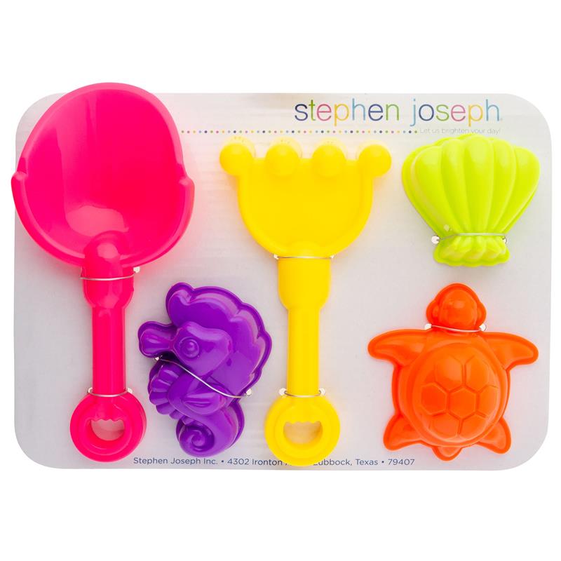 Stephen Joseph 6Pk Beach Tote with sand toys, including colorful shovel, rake, seahorse, shell, and turtle shapes.