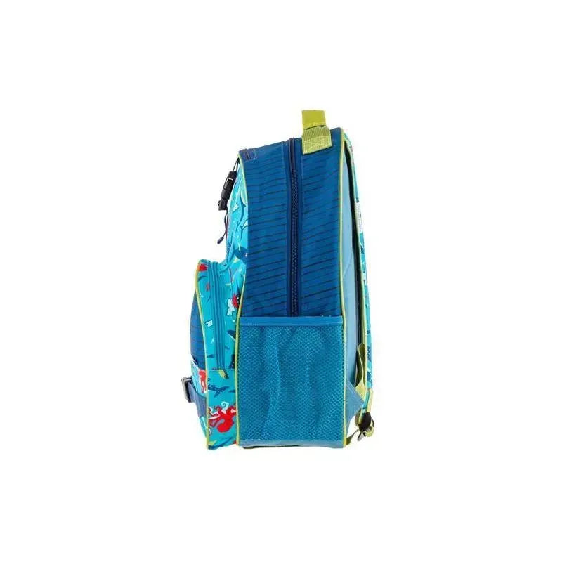 Blue shark-patterned Stephen Joseph backpack, featuring a side mesh pocket and zippered compartments for storage.