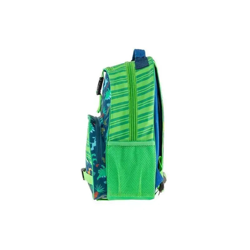 Backpack featuring a blue and green dinosaur pattern with a mesh side pocket and a striped zipper design.