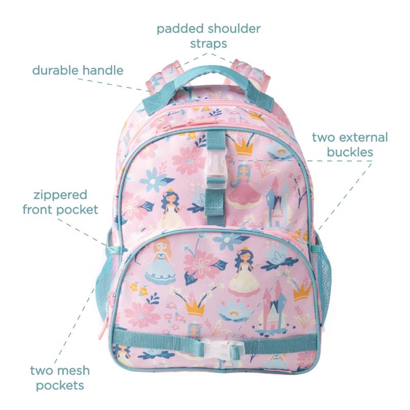 Transport-themed pink backpack featuring padded shoulder straps, a zippered front pocket, and mesh side pockets.