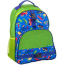 Backpack featuring a colorful transportation print with cars, trucks, and airplanes on a blue background, complemented by a green base.