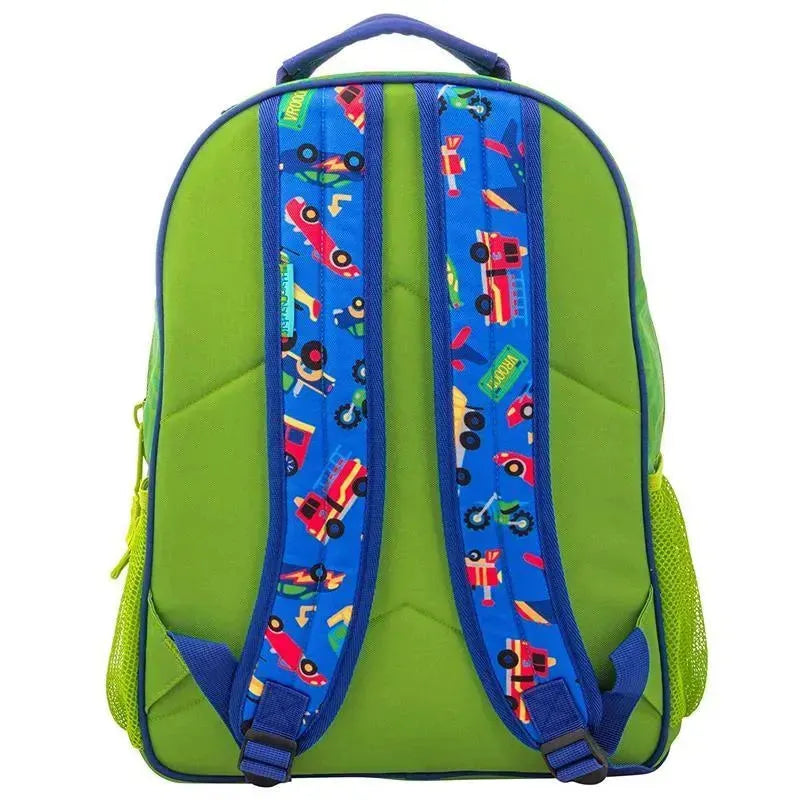 Green backpack featuring colorful transportation print and blue straps, suitable for children.