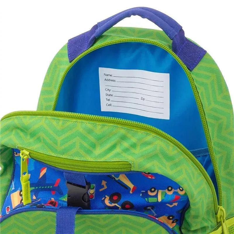 Backpack featuring a green zigzag pattern and blue interior, with a transportation-themed front pocket and a name label inside.