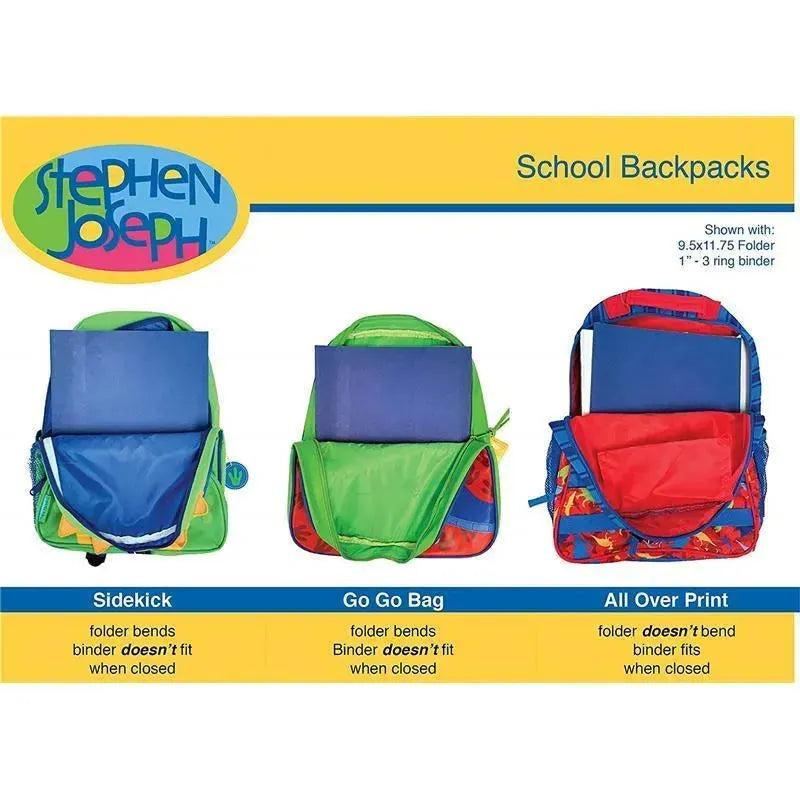 Stephen Joseph - All Over Print Backpack Transportation, showcasing three backpacks and their folder and binder fitting options.