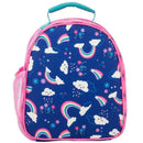 Colorful lunchbox featuring an all-over print of rainbows, clouds, and flowers against a navy background.