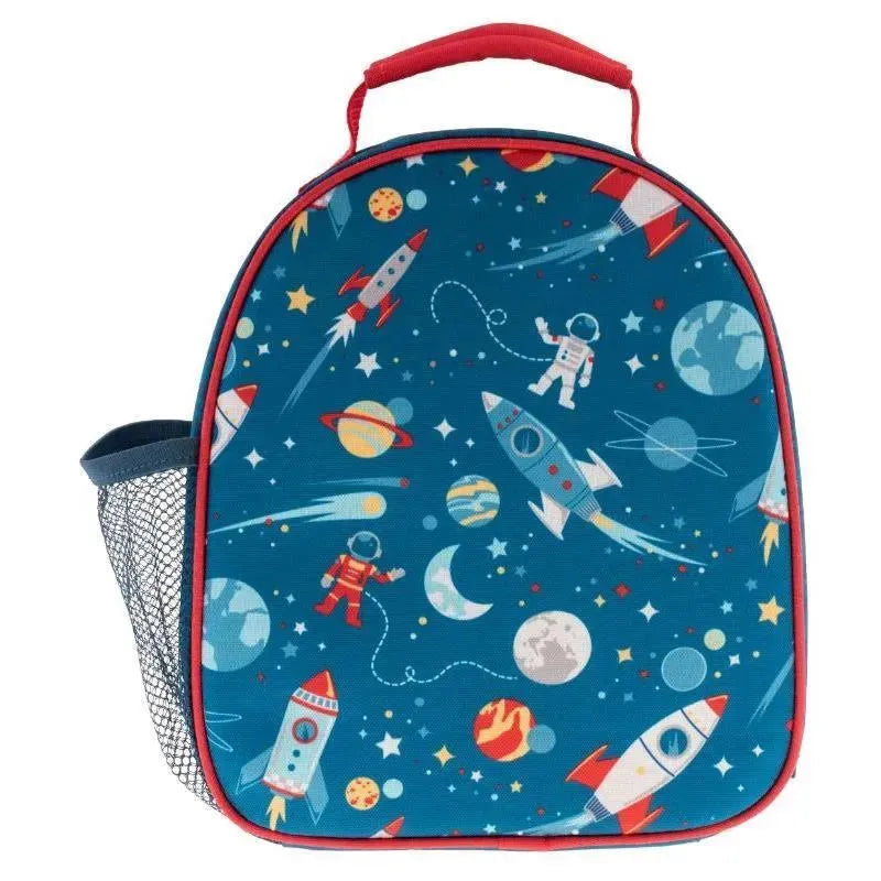 Lunchbox featuring a vibrant space theme with rockets, planets, and astronauts on a blue background.