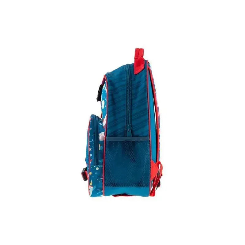 A side view of the Stephen Joseph Aop Backpack in blue with space-themed designs and red accents, showcasing its zippered compartments.