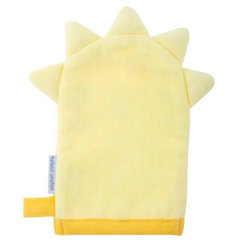 Soft yellow bath mitt designed for children, featuring a sun shape with pointed rays and a secure wrist loop.