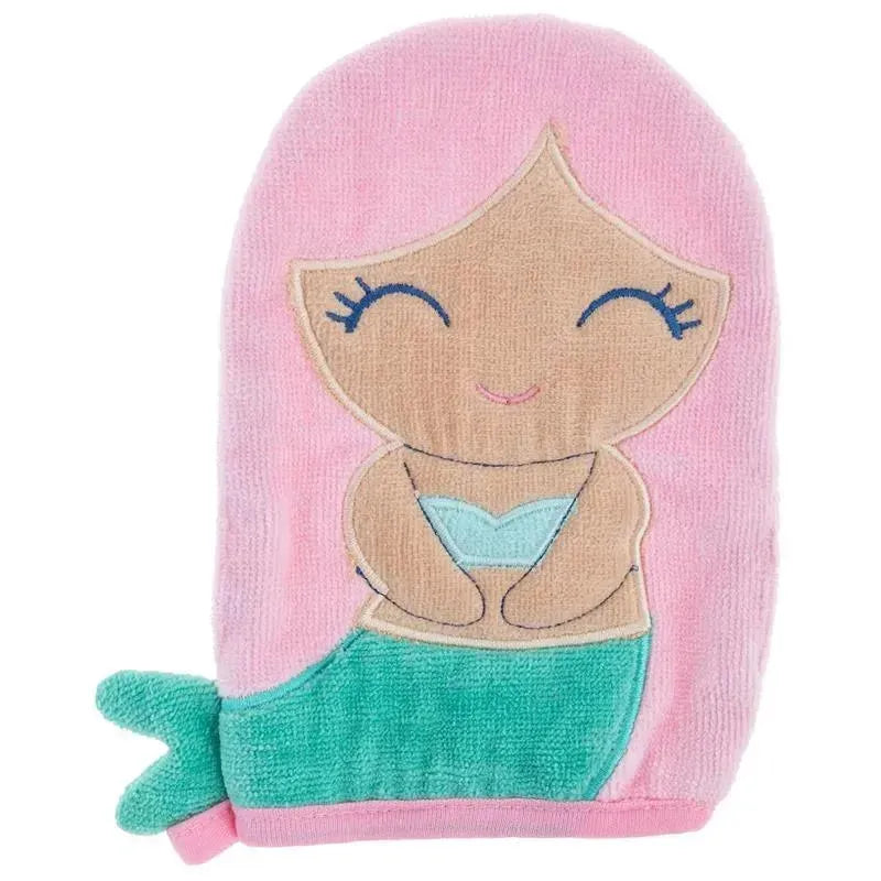 Mermaid-themed bath mitt with a smiling character and colorful design, featuring pink hair and a green tail.